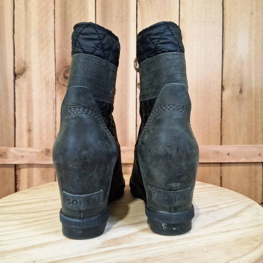 Sorel Lexie Wedge Boots Womens 8 Gray Leather Ankle Lace Up Winter Waterproof‎